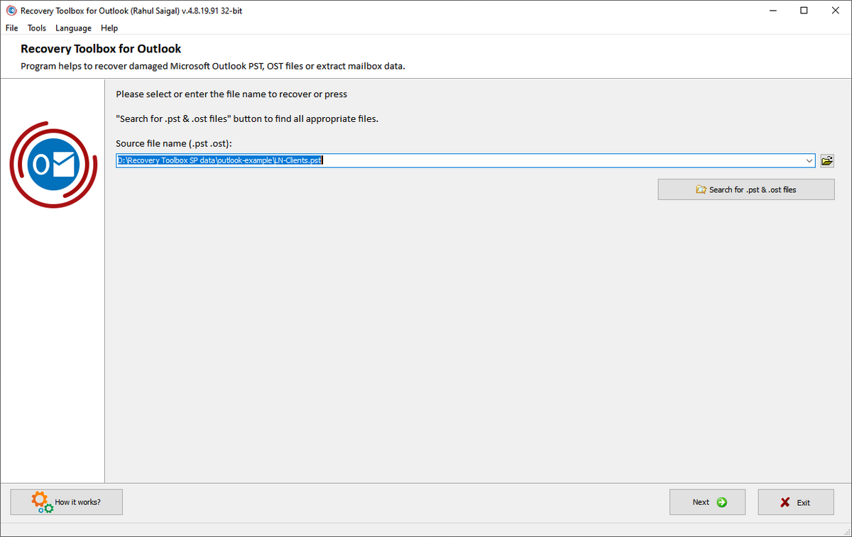 enter the location of pst or ost file
