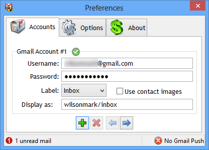 Окно добавления аккаунта Gmail в плагин Growl