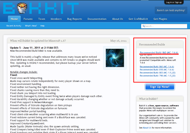 Скриншот главной страницы Bukkit.org с рекомендуемыми сборками