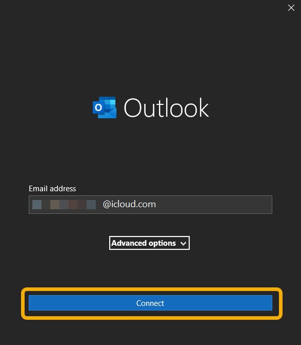 Logging in with your iCloud email account in Outlook app for Windows. 