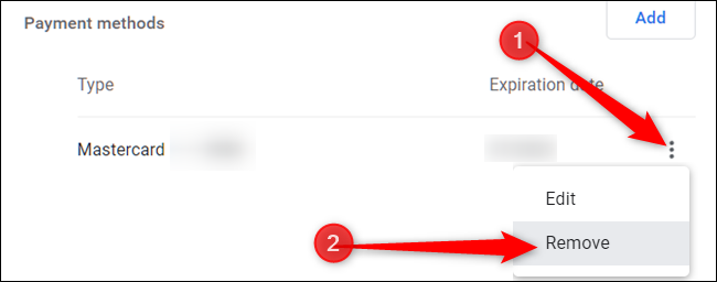 Нажмите три точки рядом со способом оплаты, затем Удалить