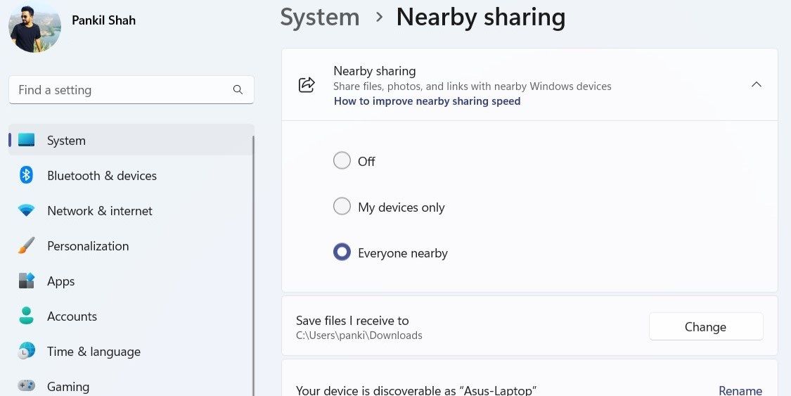 Параметры включения Nearby sharing в Windows 11