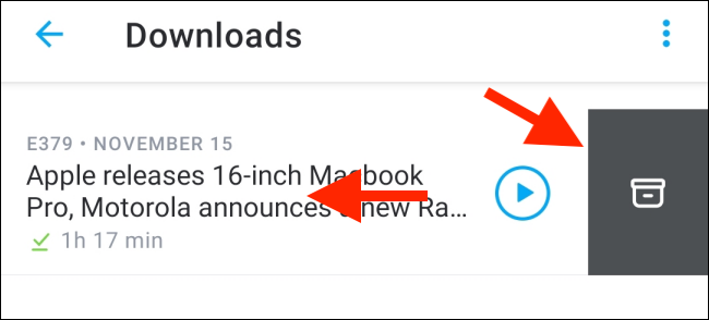 Удаление загрузки в Pocket Casts