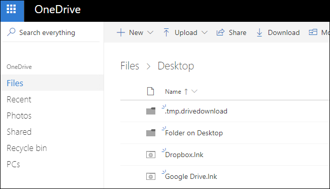 Веб-интерфейс OneDrive со структурой папок, включающей Desktop Documents Pictures.