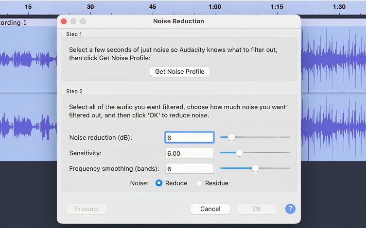 Audacity — удаление шума перед экспортом.