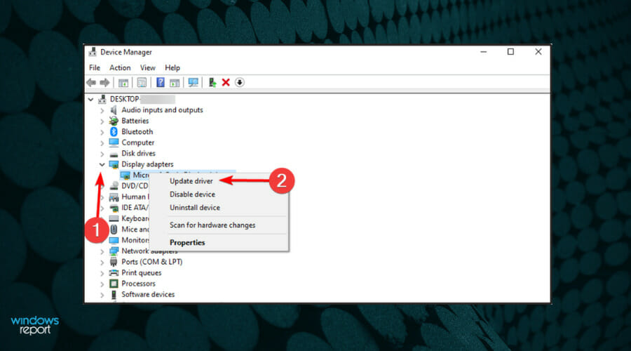 Контекстное меню 'Адаптеры дисплея' в Диспетчере устройств