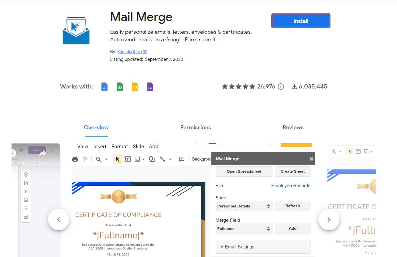 Установите Mail Merge