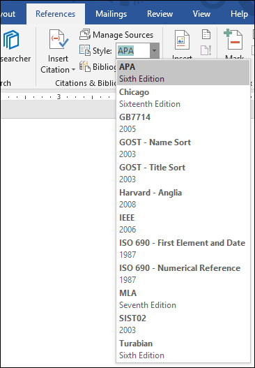 Смена стиля цитирования в Word через выпадающее меню
