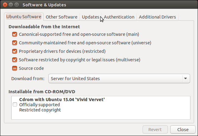 Вкладка Updates в окне Software & Updates