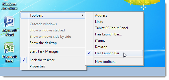 Отключение и повторное включение Free Launch Bar через меню панелей инструментов