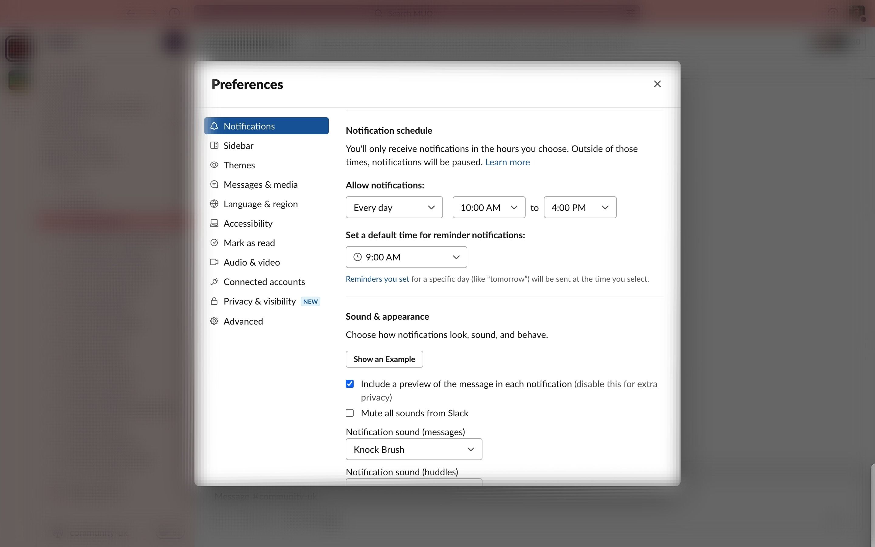 Скриншот настройки расписания уведомлений Slack