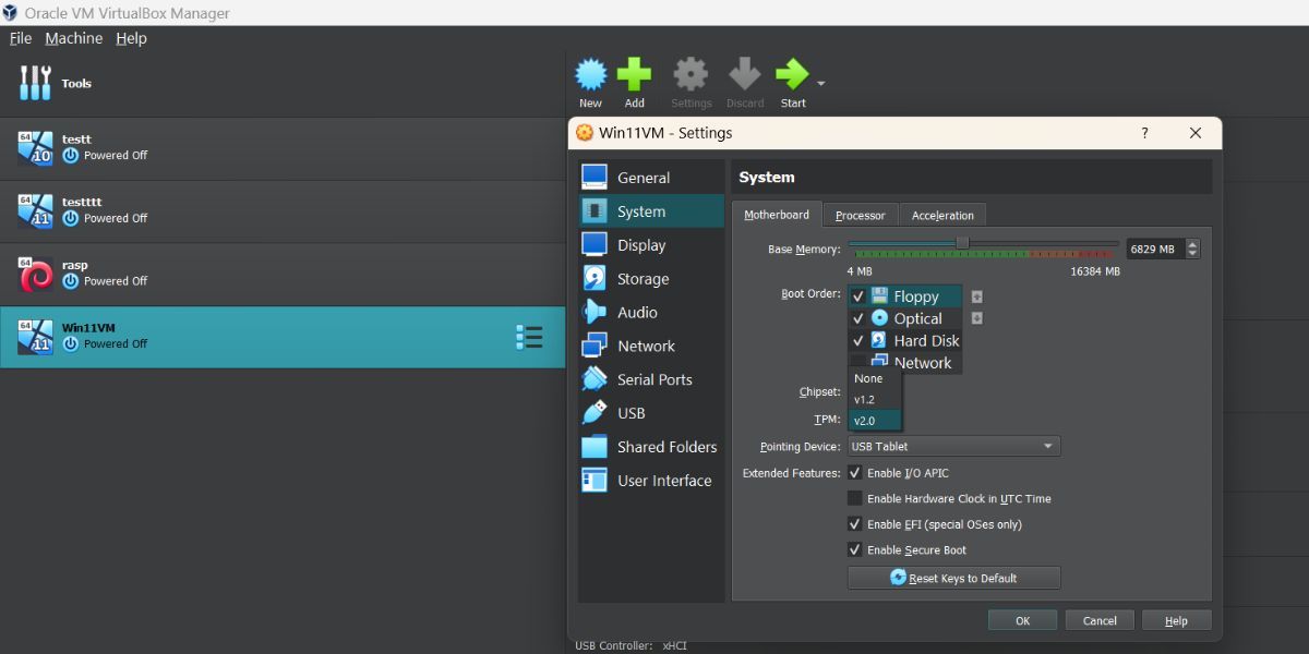 Окно настроек VirtualBox: включение Secure Boot и TPM