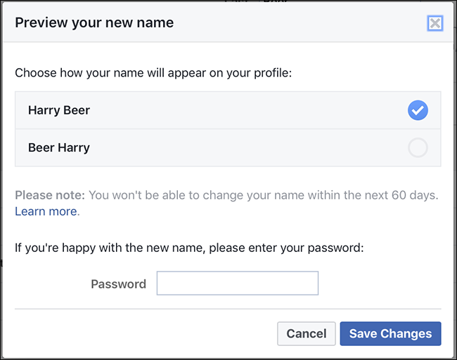 Опция Добавить другие имена в профиле Facebook
