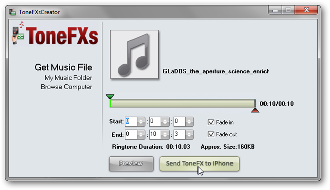 Interface de ToneFXsCreator pour préparer un extrait audio