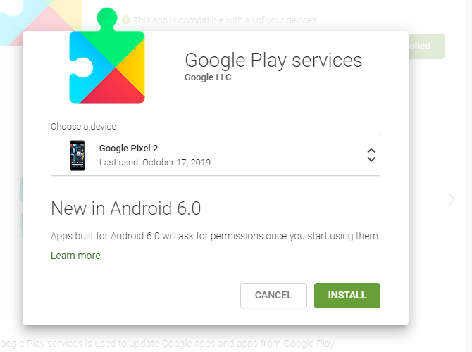Google Play services на странице в веб-браузере