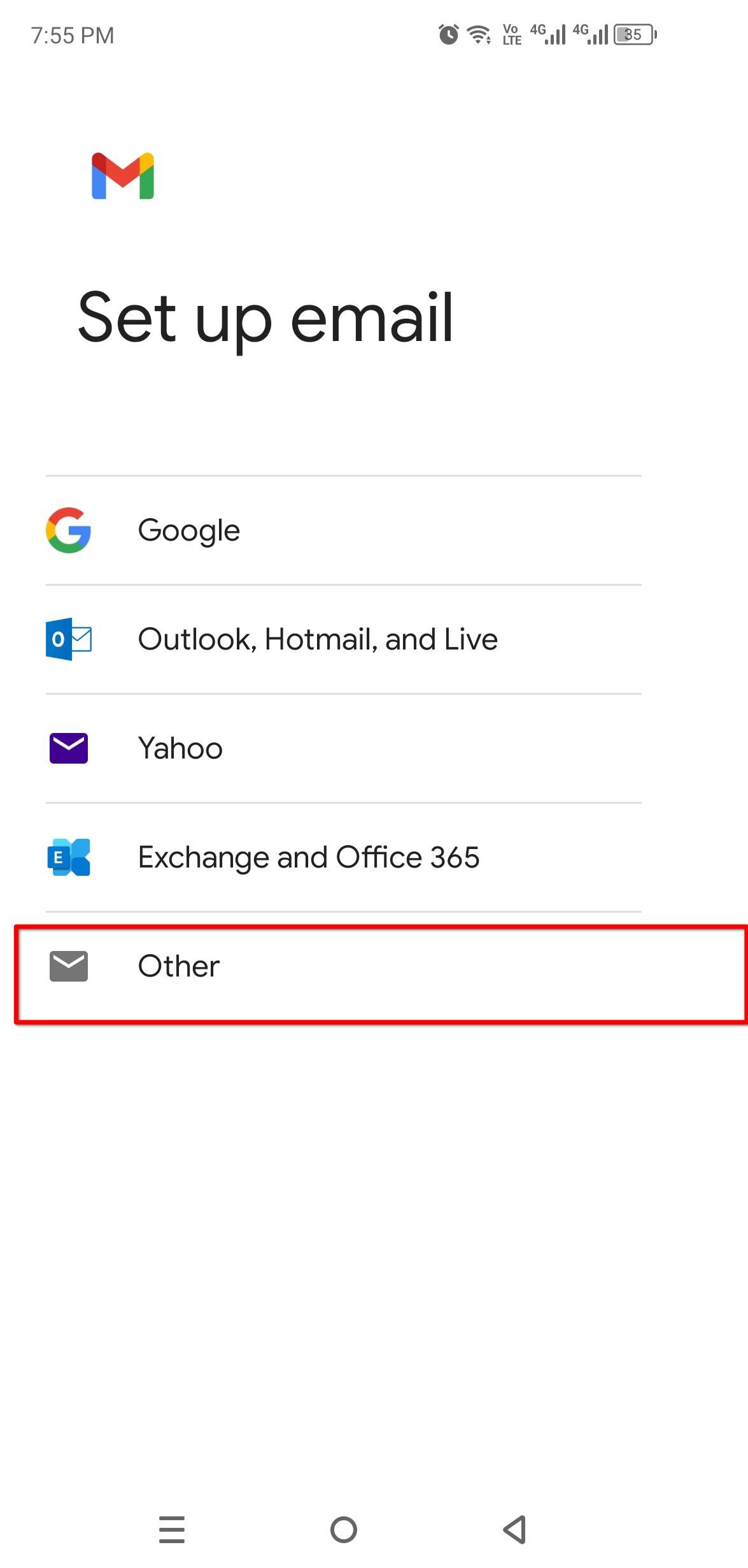Ввод адреса почты для добавления аккаунта в Gmail.
