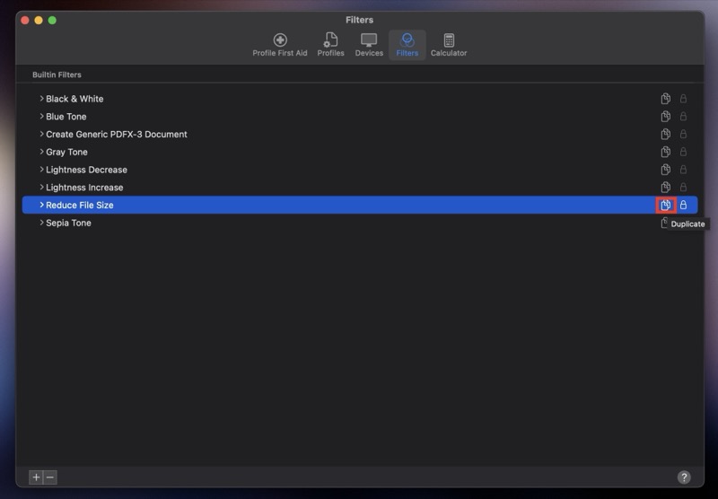 Создание копии фильтра Reduce File Size в ColorSync Utility