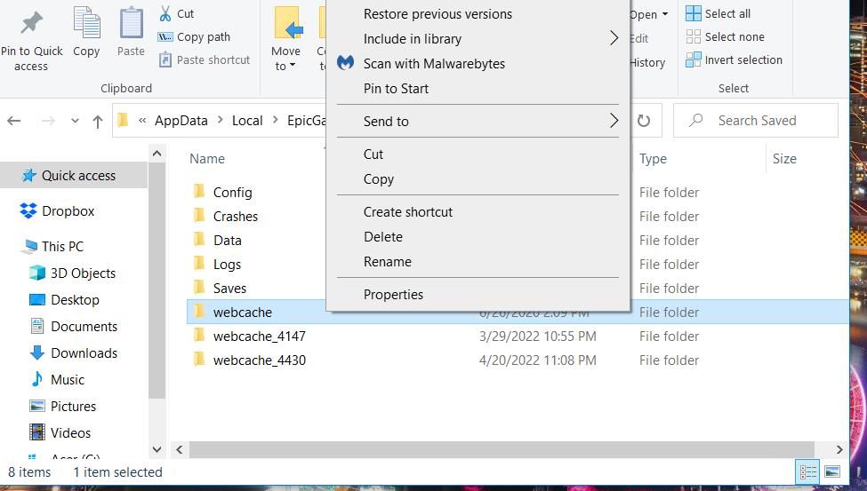 Контекстное меню с опцией 'Удалить' для папки webcache