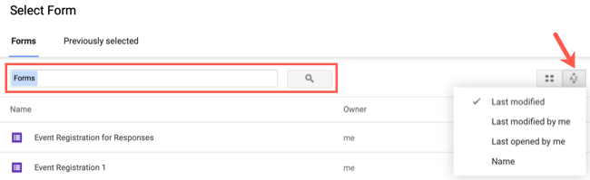 Список форм для выбора источника вопросов