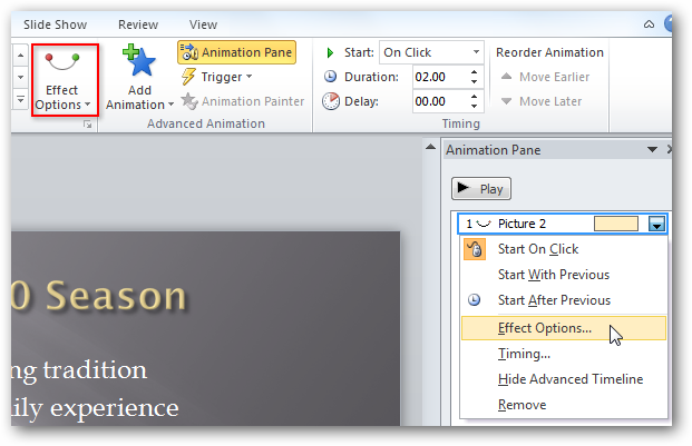 Пункт Effect Options в панели управления