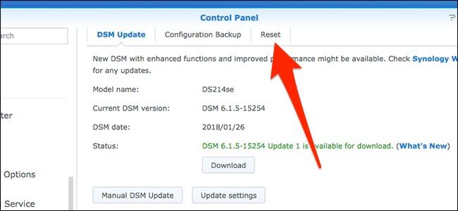 Вкладка сброса в DSM