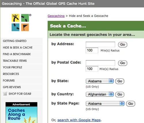 Пример карточки кэша с координатами, легендой и описанием