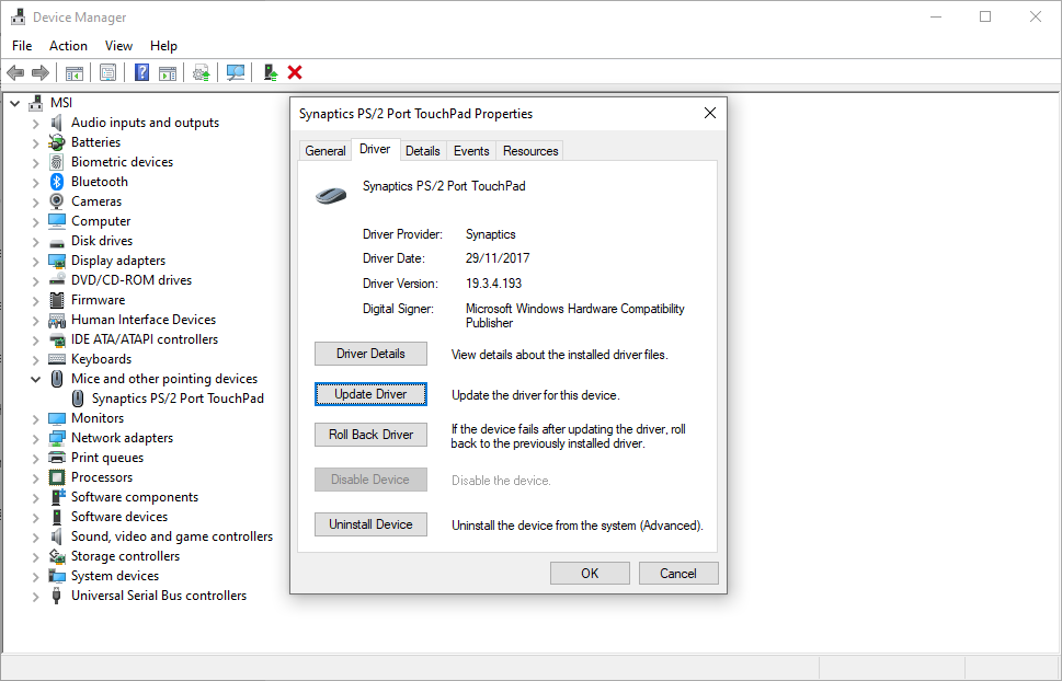 windows 10 update touchpad drivers