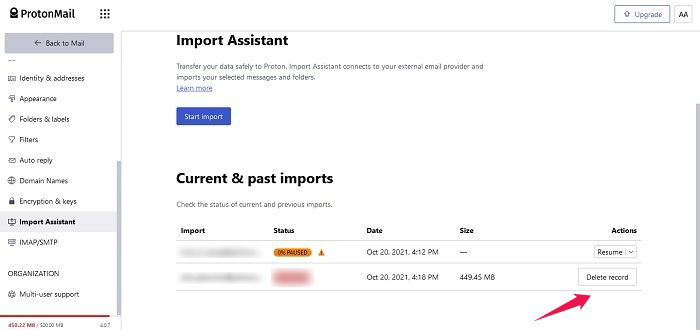 Кнопка удаления записи импорта в ProtonMail