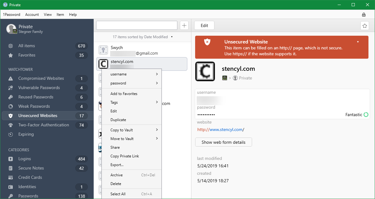 Страницы с HTTP в 1Password