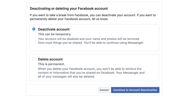 Деактивация аккаунта Facebook