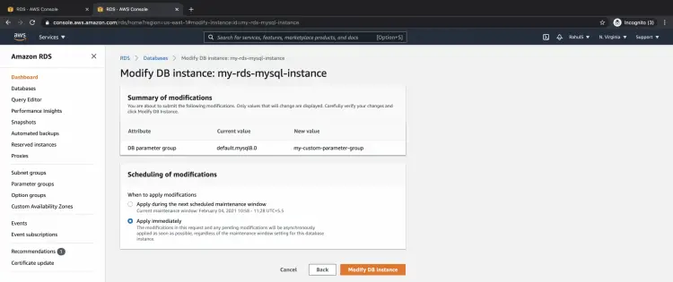 Скриншот с опциями применения изменений и кнопкой Modify DB instance