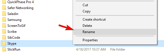 Переименование папки Skype в проводнике