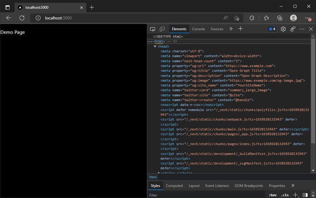 Страница Next.js с текстом 'Demo Page' и метатегами Open Graph (альтернативный снимок)
