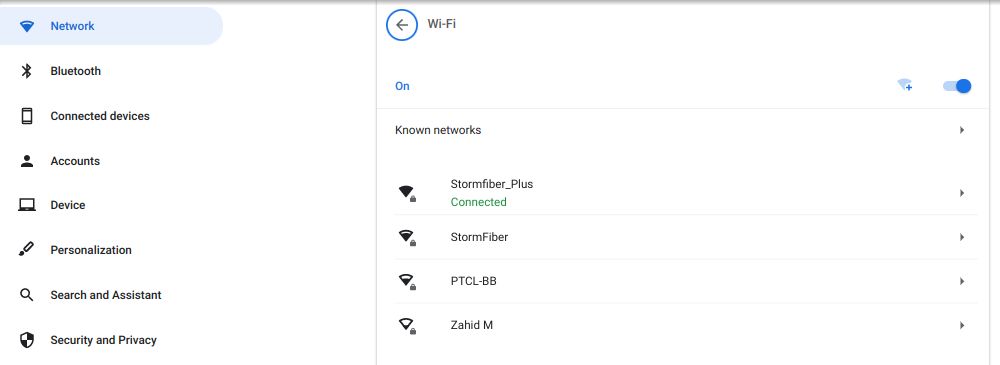 Выбор Wi‑Fi в меню Сеть настроек Chromebook