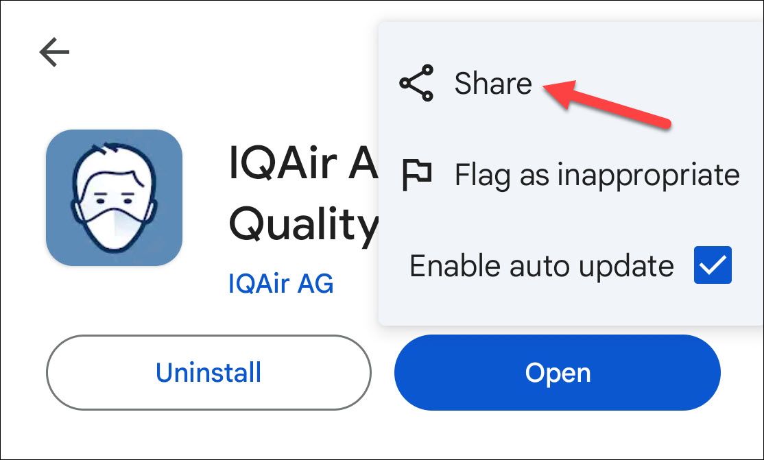 Выбор поделиться в меню приложения