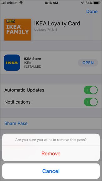 Подтверждение удаления в Wallet