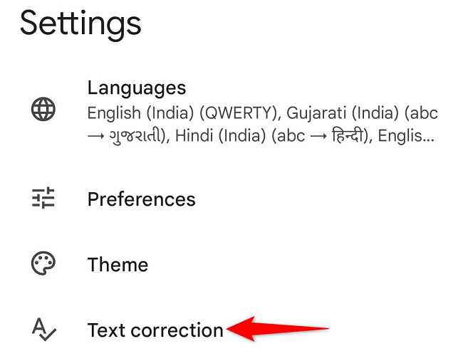Параметр Исправление текста в настройках Gboard