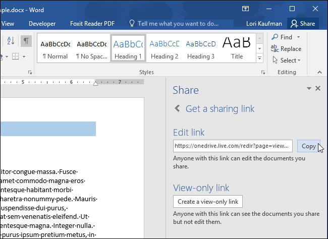 Копирование ссылки для доступа к документу
