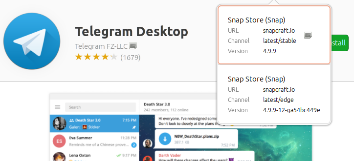 Ubuntu Software, страница Telegram desktop
