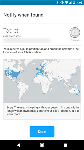 Пример уведомления Tile на экране смартфона с картой и информацией о последнем местоположении