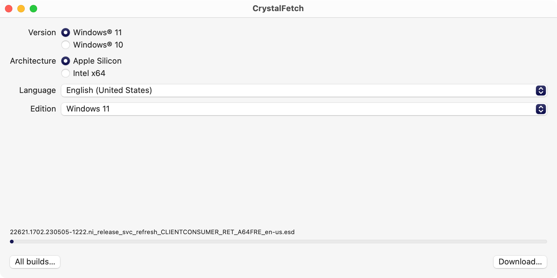 Загрузка образа Windows 11 (.ISO) с помощью CrystalFetch на macOS.