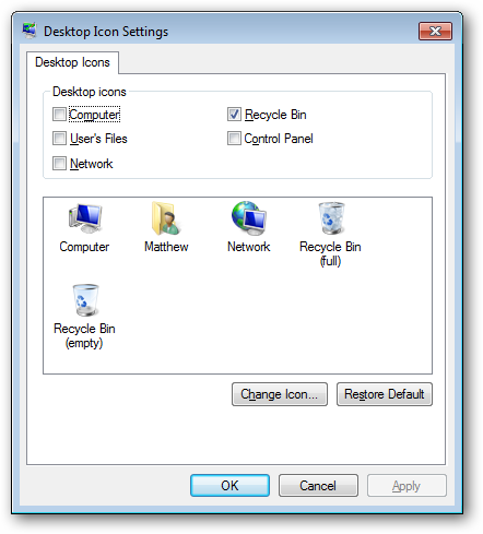 Настройка стандартных значков рабочего стола