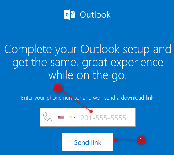 Веб-страница Outlook, отправляющая ссылку на мобильное приложение