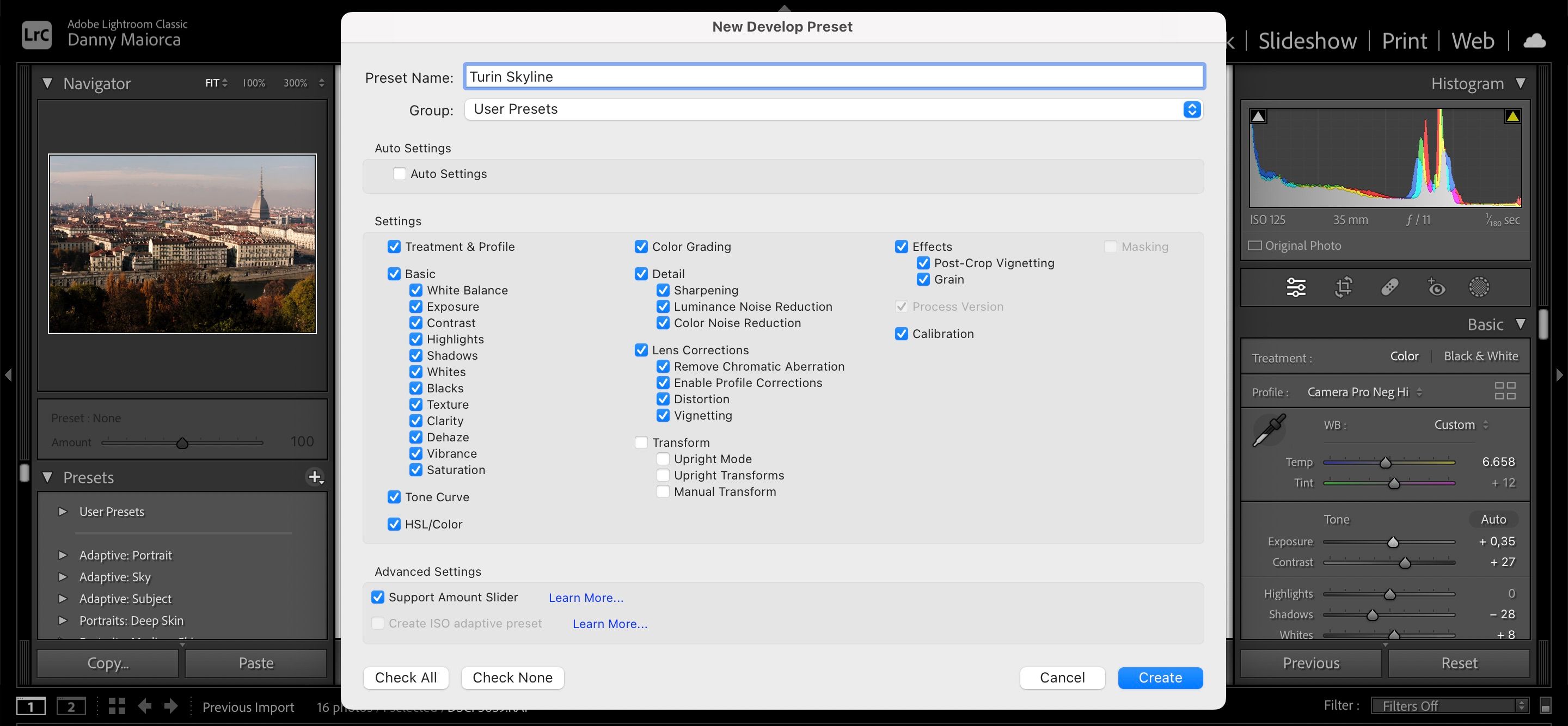 Скриншот с опциями редактирования пресета в Adobe Lightroom