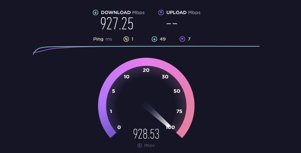 Скриншот теста скорости Speedtest с оптоволоконным подключением