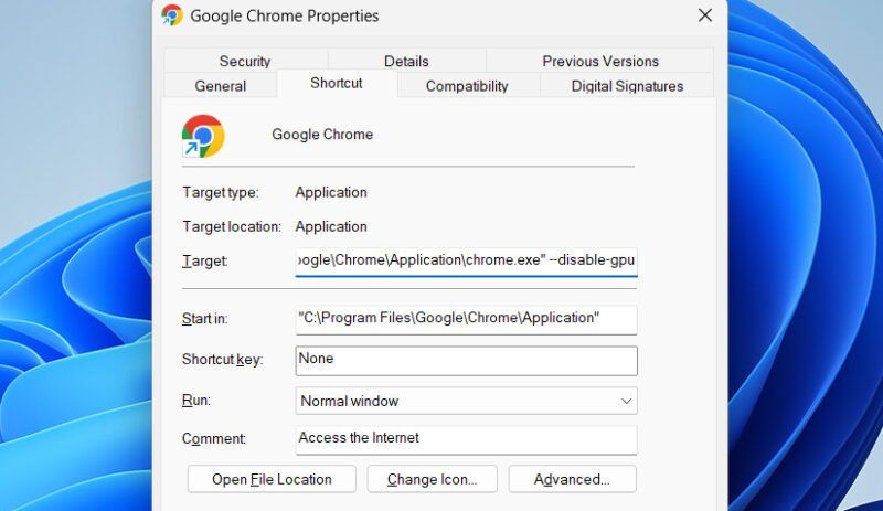 Propriedades do Chrome com campo Destino editado e parâmetro --disable-gpu