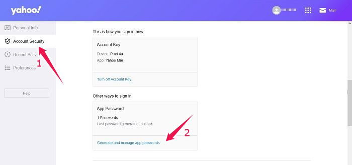 Раздел безопасности аккаунта Yahoo