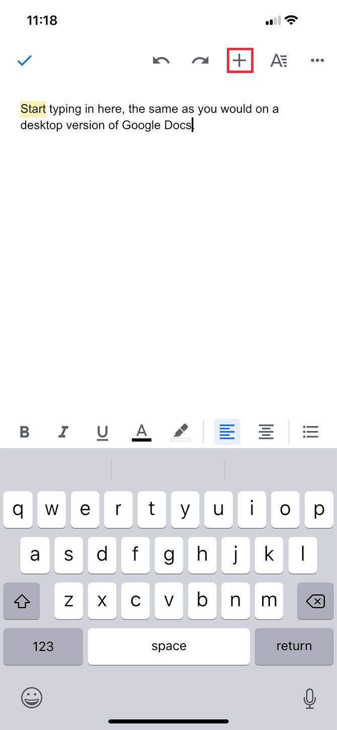 Press the Plus Sign to Access the Insert Menu on Google Docs