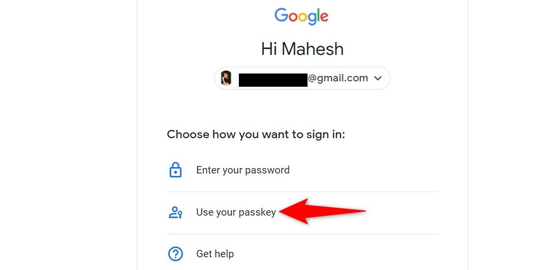 Опция Использовать passkey на странице Google.