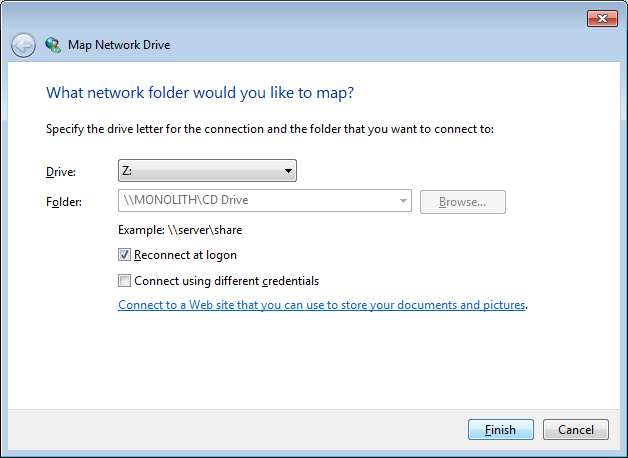 Окно выбора буквы диска при подключении сетевого ресурса
